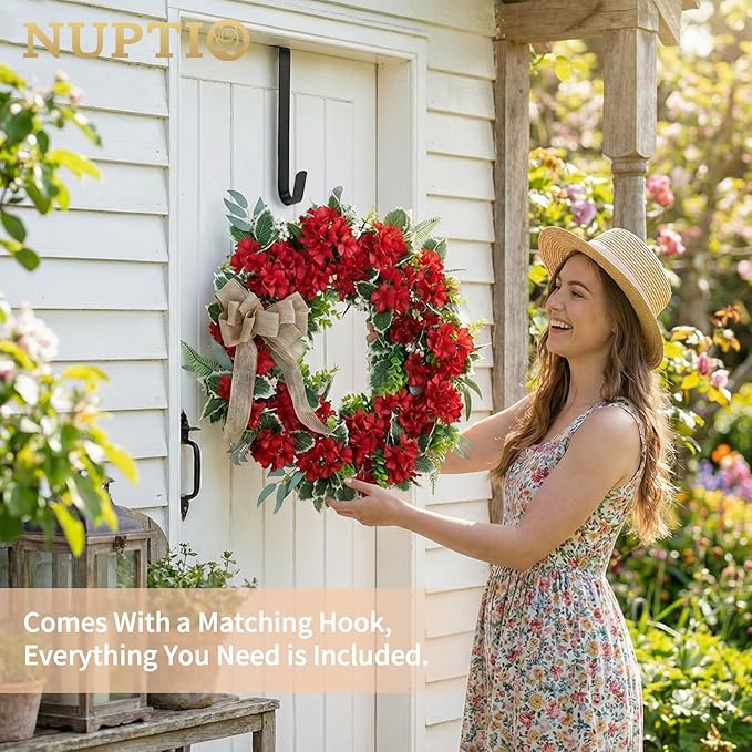 NUPTIO Geranium Wreath for Front Door: 24 Inch Summer Red Patriotic 4th of July Wreaths with Greenery Bow Hanger - Outdoor Realistic Artificial Silk Flower Spring Decor for Wall Window Porch Farmhouse