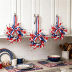 4 PCS Mini 4th of July Patriotic Kitchen Cabinet Wreaths Small Red White and Blue Floral Swag Wreath for Front Door with Forsythia Flowers Independence Day Hanging Wreaths for Memorial Day Porch Wall