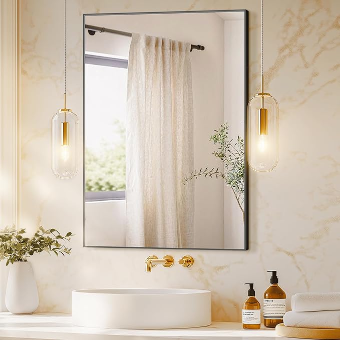 TRAHOME Bathroom Vanity Mirror for Wall, 36" x 24" Metal Framed Rectangular Bathroom Wall Mirror for Over Sink, HD Shatterproof Glass, Hangs Horizontally or Vertically(Black)