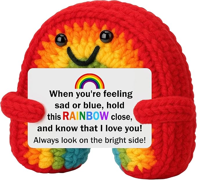 3 inch Positive Rainbow Handmade Knitted Wool Doll with Positive Card Inspiring Gifts for Cheer Up Emotional Support Encouragement Friends
