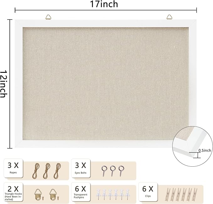 DAHAPYBOO Cork Board with Linen White,Bulletin Board 17"x12" Hanging Corkboards for Office Home School Message Board or Vision Board Decoration.