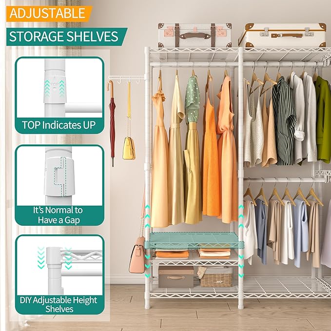 Heavy Duty Garment Rack, Metal Closet Organizers and Storage Clothing Racks 3 Tiers Adjustable Wire Shelving with 2 Hanger Rods and Side Hooks, 44.7" Lx16.5 Wx76.8 H, Max Load 800LBS, White