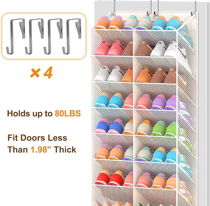 20-30 Pairs Over the Door Shoe Organizer, Breathable Mesh Pocket Hanging Shoe Storage for Closet, 10-Tier Door Shoes Rack, Handing Shoes Holder Fit All the Family's Sneakers, Boots, Heels, Beige