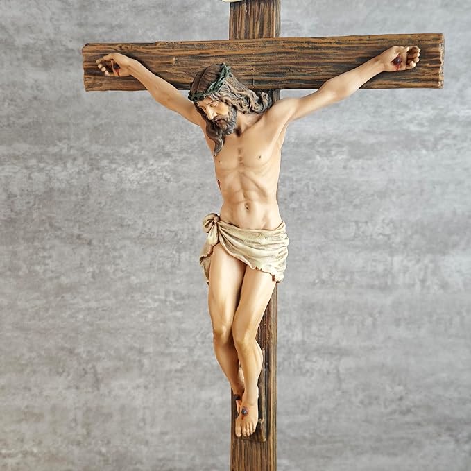 BC Catholic Crucifix Standing Cross, 15" H Jesus Christ Tabletop Home Decor, Religious Gift, Wood Carve Look, Realistic Color Finish, Renaissance Sculpture Hand Painted by Buildclassic
