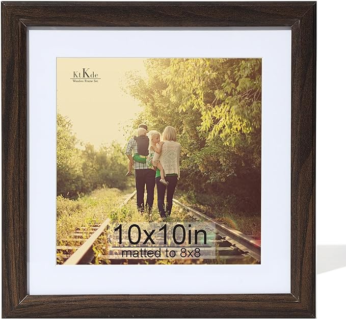 KTKDE 10x10 Picture Frame, Display 8x8 With Mat or 10x10 Without, Tempered Glass Wooden Square Photo Frame for Walnut Frame, Wall Gallery Poster Frame best gift