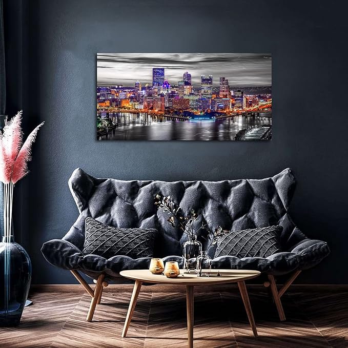 Large Pittsburgh Wall Art Black and White City Skyline Wall Decor for Living Room Office Decor Pennsylvania Night Cityscape Canvas Prints Modern Skyscraper Panoramic for Bedroom Home Decoration 24x48"