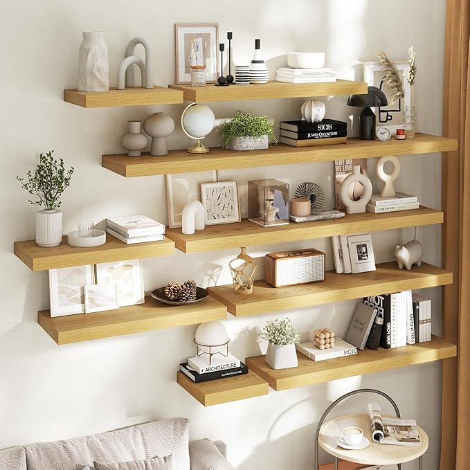 55 Inch Long Floating Shelves for Wall Set of 2, 12"D Wood Grain Bathroom Shelves with Invisible Brackets, Easy Install Engineered Wood Storage Shelves for Kitchen, Living Room, Bedroom, Oak Finish
