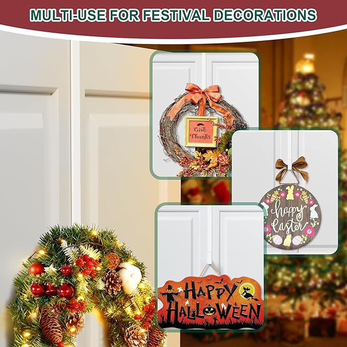 15" Reversible Wreath Hanger for Front Door, Fits Most Doors up to 1-3/4", Heavy Duty Steel Over The Door Hooks Hold up to 80 LBS for Spring & Easter Wreaths, Seasonal Door Decor, White 1 PC