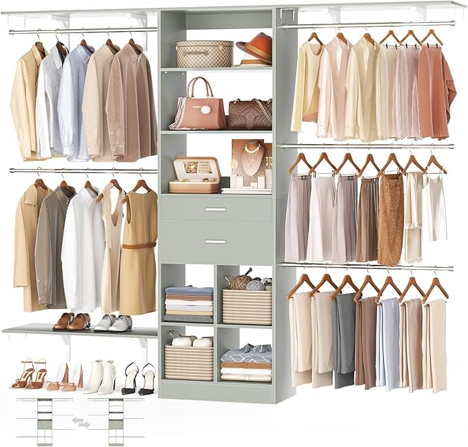 Closet System - 8FT Closet Organizer System with Wooden Drawers, 96" Closet Systems for Walk-In Closets with Cuttable Hanging Shelving, Green