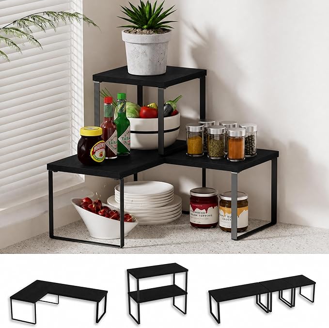 Golener Countertop Organizer Corner Shelf, 2 Tier Adjustable Stackable Corner Shelves for Kitchen, Bathroom, Spice Rack, Coffee Area, Cabinet, Dresser Table, Corner Counter Shelf Stand, Classic Black