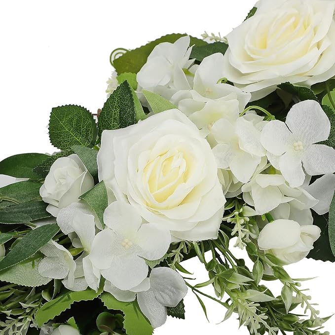 MSUIINT 25.6 Inch Artificial Rose Flower Swag with Green Leaves, Handmade Fake Plant for Front Door, Wedding Arch Flowers Spring Floral Swag, Wall Hanging Swag for Home Party Decor(White)