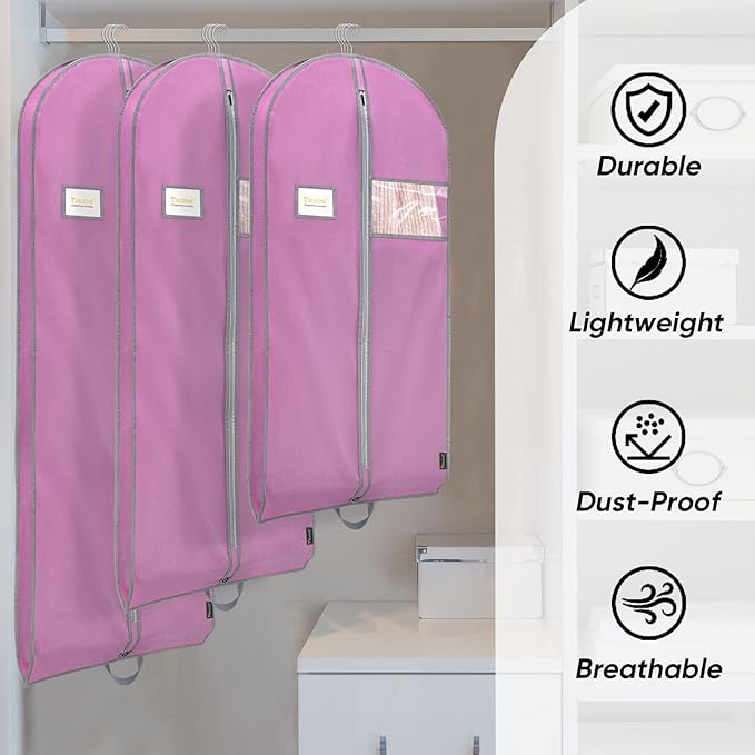 BALEINE 5PK Heavy Duty Garment Bag with Shoe Storage Travel Bag for Dresses, Suit, Coats Travel Essential (54", Pink)