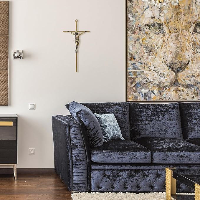KUXBET Crucifix Wall Cross, Metal Vintage Wall Hanging Cross,10inch Antique Brass Jesus Crucifix Home Décor