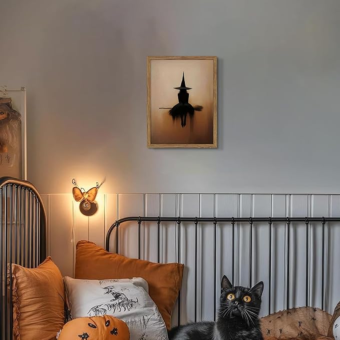 Framed Vintage Witch Wall Art, Minimalist Halloween Witch Canvas Prints, Spooky Gothic Dark Academia Witches Painting, Rustic Aesthetic Halloween Wall Decor for Bedroom Living Room 12x16 inch