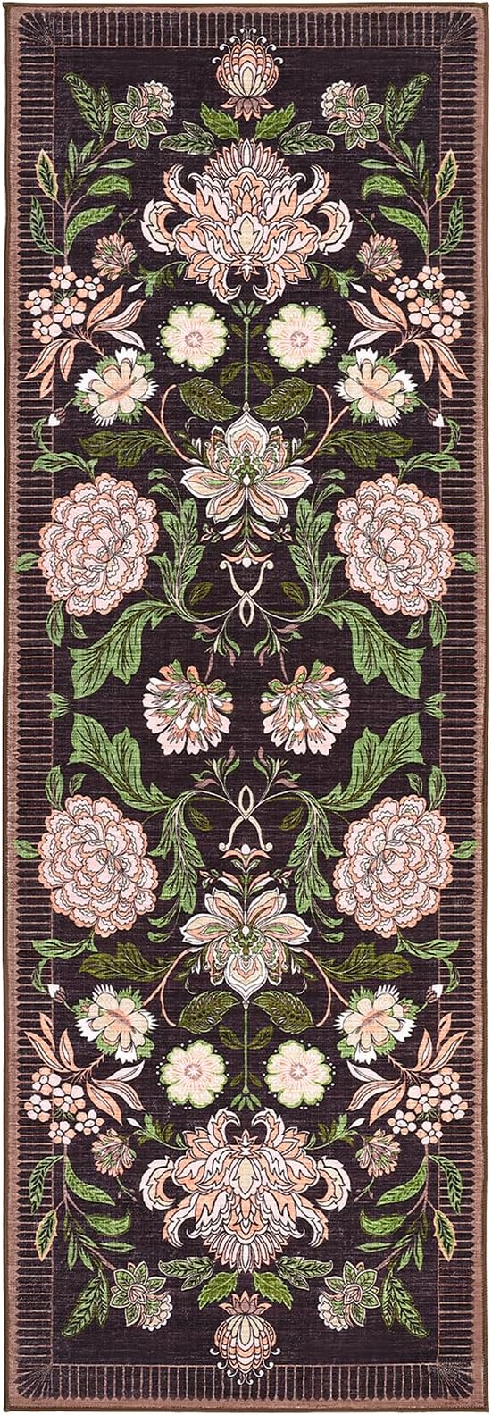GarveeHome Plum Pink Floral Botanical 2.5x8 Washable Kitchen Runner Rugs Non Slip Black Purple Vintage Boho Cottage Long Rug for Hallways Bedroom Entryway Bathroom Mat with Rubber Back