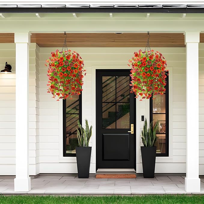 Homsunny Artificial Fake Hanging Plants Flowers Baskets for Outdoor Outside Spring Decor,Faux Silk Daisy UV Resistant Look Real Summer Decorations for Home Porch Patio Yard Garden(Red Brown)