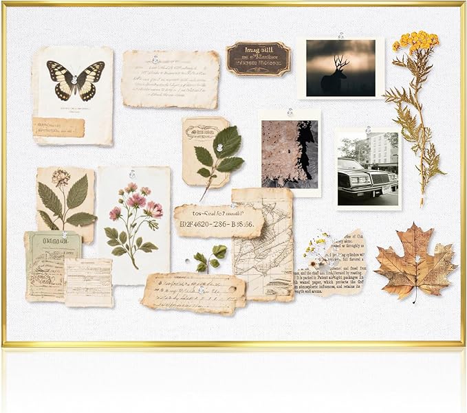 Linen Bulletin Board 24 x18 Inches, White Pin Board Vision Board, Gold Aluminum Framed Fabric Cork Board for Home Office Wall Decor, 10 Push Pins