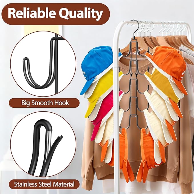 Hat Hangers for Closet, Hanging Hat Organizer with 10-Hook, Stainless Steel Hat Rack, Space Saving Cap Holder, Collapsible Hat Storage for Baseball Caps