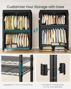 SONGMICS Heavy-Duty Rolling Clothes Rack, Garment Rack, Portable Closet, 43.3-Inch Wide Clothing Rack on Wheels, with Adjustable Mesh Shelves and Hanging Rails, Fabric Cover, Ink Black ULGR415B01