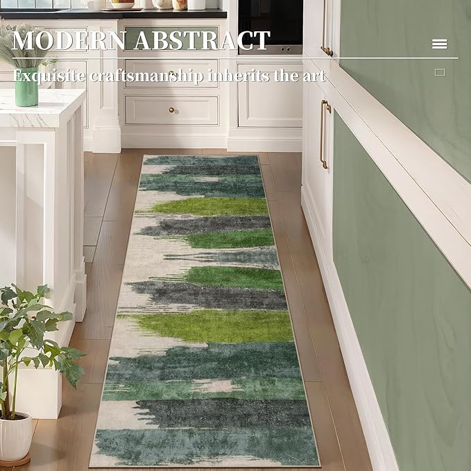 Ciicool 2x6 Washable Runner Rug, Modern Abstract Hallway Rugs Runner, Non-Slip Thin Accent Rug Lightweight Green Print Distressed Carpet for Laundry Entryway Bedroom Kitchen Indoor