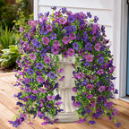 Homsunny Artificial Hanging Flowers for Outdoor, 2PCS Fake Flowers Faux Silk Daisy with Eucalyptus Leaves, UV Resistant Aritificial Flowers for Spring Home Patio Yard Porch Decor (Double Purple)