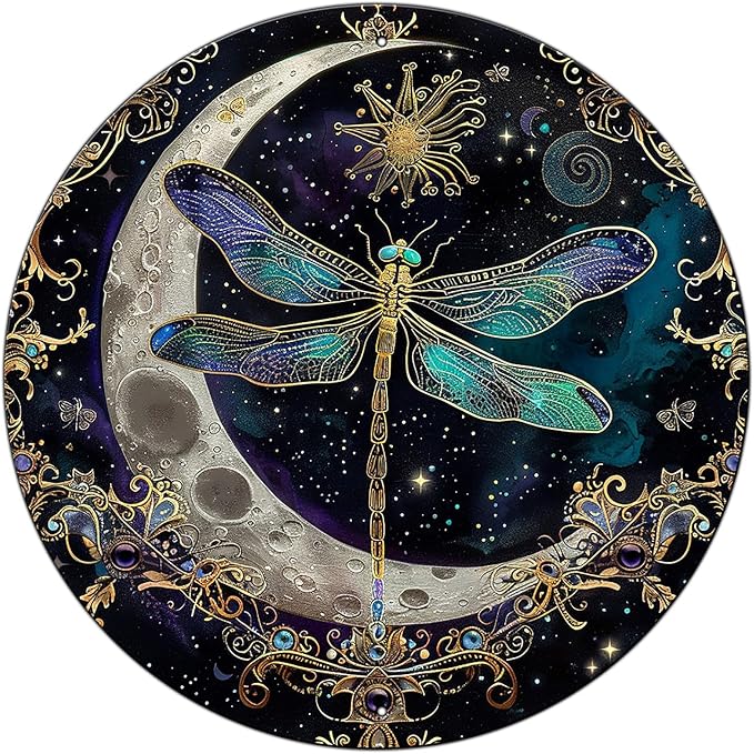 Vintage Dragonfly Moon Sign Metal Sign Retro Round Tin Sign Aluminum Sign for Farmhouse Yard Home Bar Bedroom Wall Decor 12 Inch