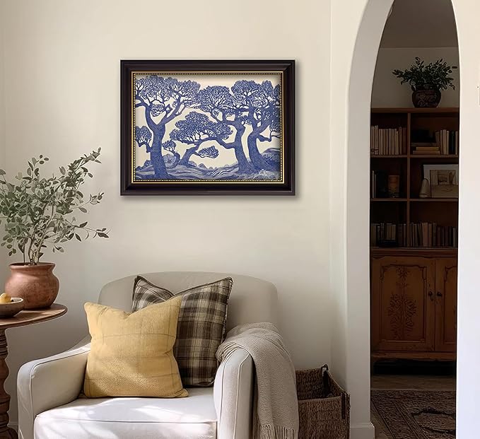 Vintage Gold Framed Wall Art Oak Tree Forest Painting Canvas Prints Blue Woodland Nature Landscape Picture Moody Botanical Poster Artwork for Living Room Bedroom, 16x24in