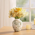 Ceramic Rustic Vase, Green and Beige Flower Vintage Decorative Vase Chinoiserie Decor Rustic Farmhouse Retro Floral Vases for Table Bookshelf Mantel Kitchen Living Room Office- 7.8inch