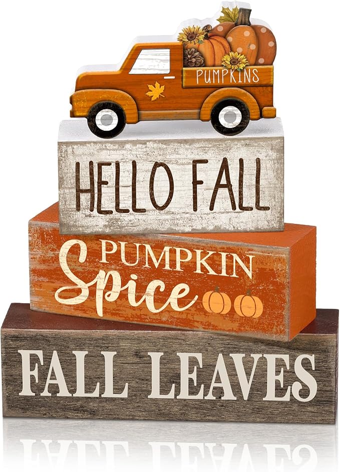 Moucuny 4 Pcs Fall Decoration for Home Fall Truck Decor Thanksgiving Tiered Tray Decor Rustic Wooden Truck Block Sign Thanksgiving Centerpiece Autumn Table Decorations for Harvest Party Kitchen Home