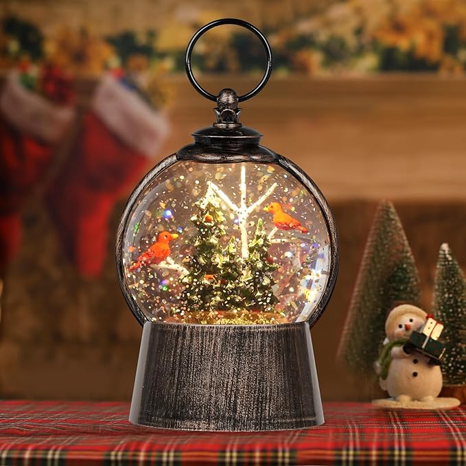 Christmas Snow Globe Lantern with Swirling Glitter Christmas Decorations Indoor, Cardinals & Christmas Tree Lighted Musical Snow Globes USB Powered & Battery Operated Lantern for Holiday Decor