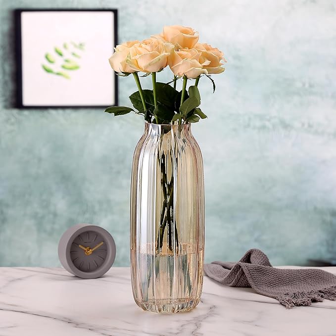 Large Amber Glass Vase for Flowers Brown Tall Glass Vases,H-12.6" Simple Striped Design for Home Floor Decor,Farmhouse Decor, Centerpiece Coffee Table Decorations