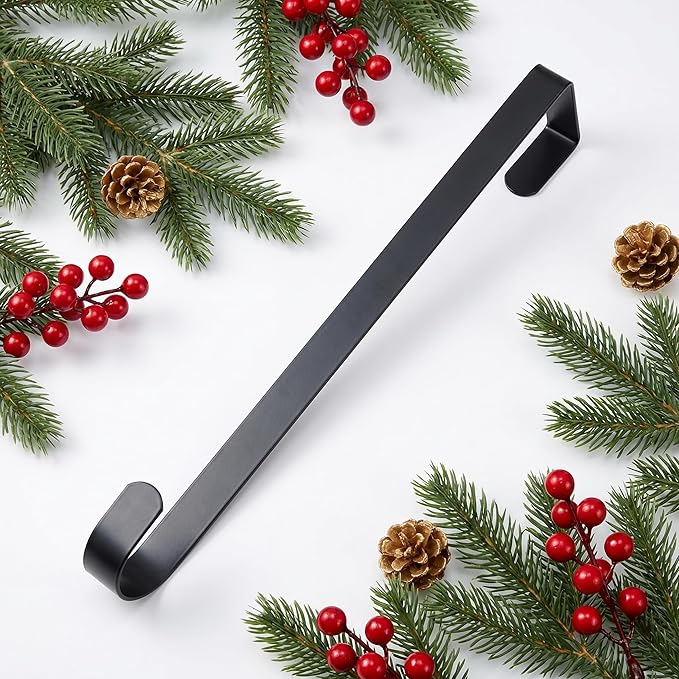 HappyFiller 15" Wreath Hanger for Front Door, Ultra-Sturdy Metal Over the Door Hook for Christmas, Easter & Seasonal Decor, Slim Fit Heavy Duty Single Door Hanger, Weather-Resistant, Matte Black