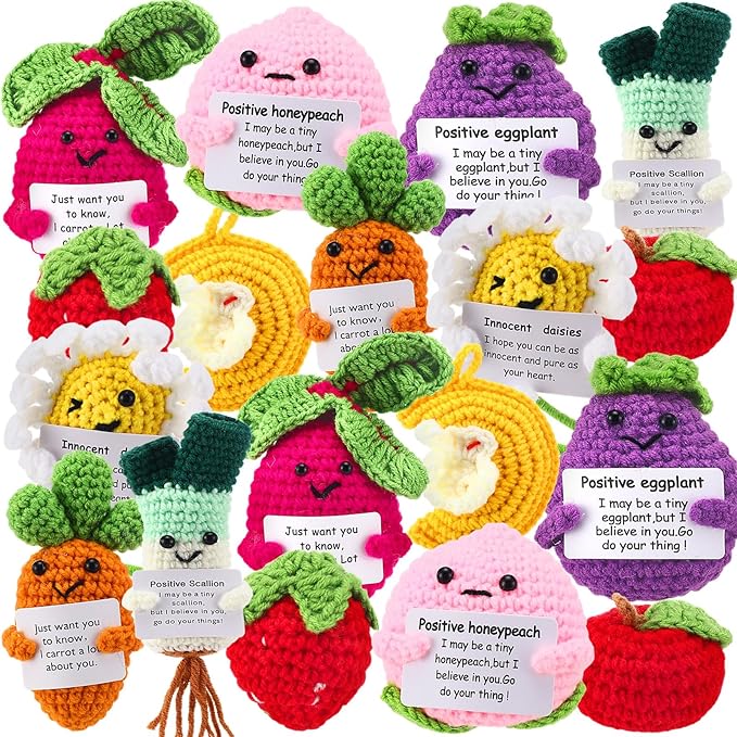 VioraWhite 18 Pcs Mixed Positive Animal Emotional Dolls Bulk Encouragement Emotional Knitted Crochet Gifts with Positive Words for Friends Coworker Decorations for Home Office