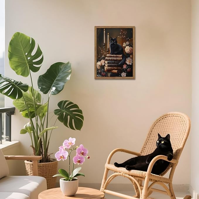 Vintage Dark Academia Framed Wall Art, Victorian Black Cat Floral Canvas Prints, Antique Book Wildflower Gothic Wall Decor for Living Room Gallery Library – Dark Wooden Frame 12x16in