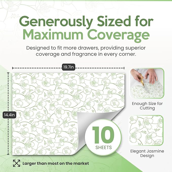 Jasmine Scented Drawer Liners for Dresser Drawers (10 Large Sheets, 19.7" x 14.4") - Non Adhesive Drawer Paper Liner for Bedroom Dresser & Closet Shelves by Linda’s Essentials
