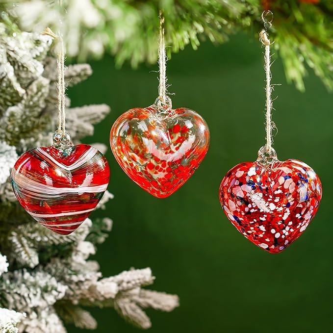 4inch Hand Blown Glass Red Heart Ornaments Hanging Friendship Hearts for Patio Garden Outdoor Decor Unique Gift Valentine's Day Decorations for Lover