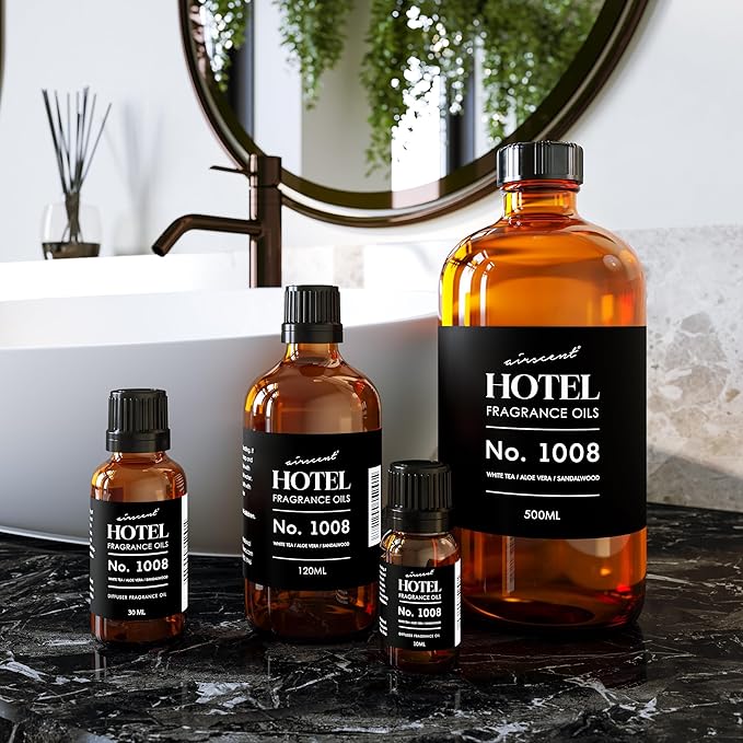 AirScent Hotel Diffuser Oil No. 1008 - White Tea, Aloe Vera & Sandalwood - Hotel Scent Dupe - Premium Fragrance Oil for Ultrasonic and Waterless Diffusers and Crafting - 30 mL, 1 fl oz Glass Bottle