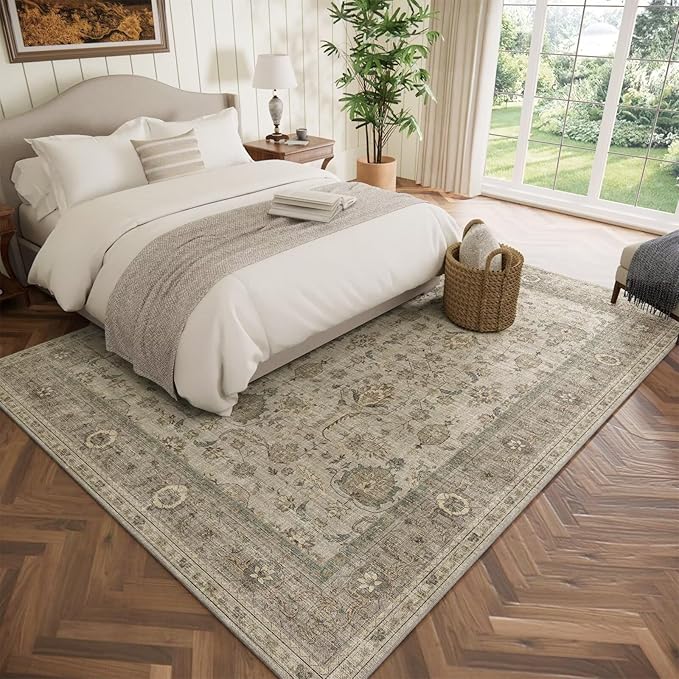 Washable 6x9 Area Rugs for Living Room, Boho Non-Slip Vintage Distress Large Rugs for Bedroom Dining Room Nursery Office, 0.3" Neutral Oriental Throw Thin Carpet, Flaxen/Brown/Multi