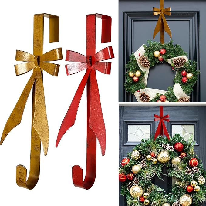 2Pack Bow Wreath Hangers for Front Door,Christmas Decoration Metal Bow Door Wreath Hanger,Over The Door Christmas Wreath Hooks