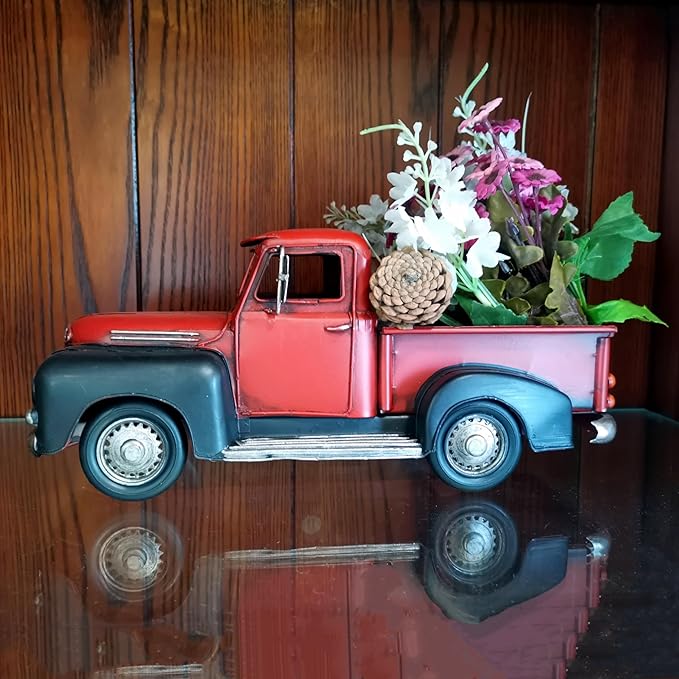 Vintage Farmhouse Black Red Truck Pickup Truck Rustic Metal Home Decor Collectible Vehicle Car Model Home Table Desktop Tabletop Gift Decoration