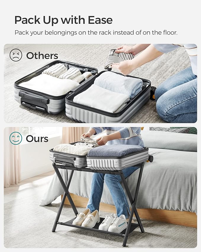 SONGMICS Luggage Rack for Guest Room, Suitcase Stand with Storage Shelf, Steel Frame, Foldable for Easy Storage, Hotel, Bedroom, Black URLR003B01