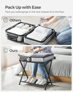 SONGMICS Luggage Rack for Guest Room, Suitcase Stand with Storage Shelf, Steel Frame, Foldable for Easy Storage, Hotel, Bedroom, Black URLR003B01