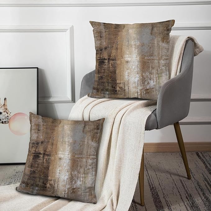 Taupe Abstract Art Artwork Pillow Cover, Gallery Modern Decorative Throw Pillows Cushion Cover for Bedroom Sofa Living Room 18 x 18 Inch Set of 2
