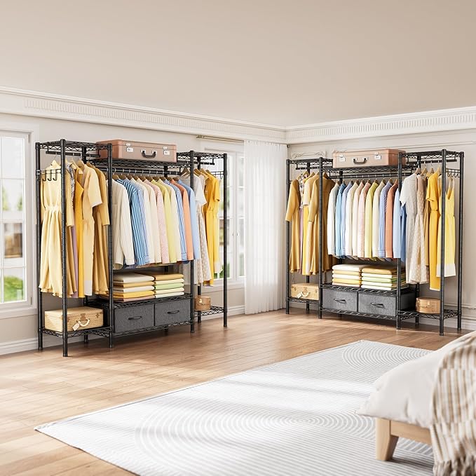 Coat Rack Clothes Wardrobe：Closet Organizer and Storage Clothing Garment Rack with Shelves Heavy Duty for Hanging Clothes Portable Adjustable Black 15.8" DX56.8 WX76.5 H