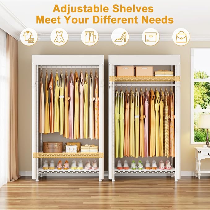 H5C Clothes Rack with Cover, Portable Closet for Hanging Clothes, Covered Clothing Racks Heavy Duty, Freestanding Garment Racks with Shelves Max Load 360LBS White Closet Rack with White Cover