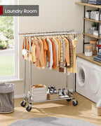 Heavy Duty Stainless Steel Rolling Clothes Rack with Mesh Shelf, Lockable Wheels & Anti-Slip Stoppers, Large Capacity Clothing Organizer for Bedroom, Laundry Room, 43.5" x 16.5" x 65.9", Silver