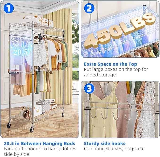 Simple Trending Rolling Clothes Rack, Clothing Rack, Garment Racks for Hanging Clothes, Freestanding Portable Closet Organizer, Heavy Duty, Max Load 450LBS, Chrome