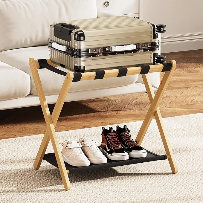 Fully Assembled Luggage Rack, 26.77" Natural Luggage Rack for Guest Room, Bamboo Folding Suitcase Stand with Fabric Storage Shelf, Heavy Duty 5 Nylon Straps Luggage Holder for Hotel, 1 Pack