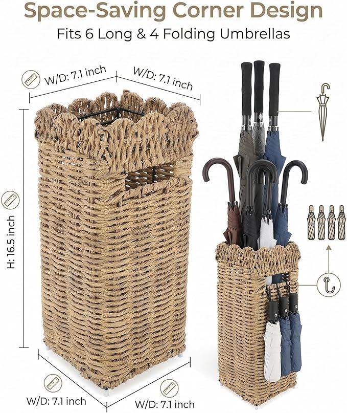 AceList Woven Umbrella Holder for Entryway, Rattan Umbrella Stand for Indoor Foyer with Removable Drip Tray, Scalloped Cane Holder Basket for Walking Sticks & Front Door, Farmhouse Decor, 16.5" Tall