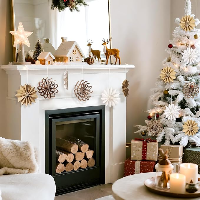EASY JOY 9Pcs Christmas Hanging Decorations - 3D Paper Christmas Tree Hanging Decor Log White Snowflake Ornaments Christmas Decorations Outdoor Indoor for Xmas Party,Boho Home,Window Door Decor